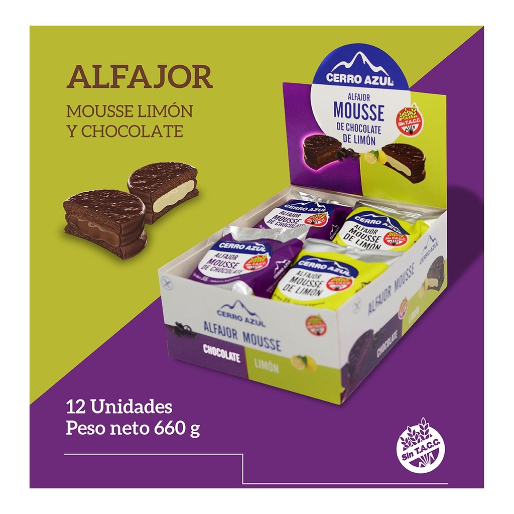 [2040] Alfajor con Baño chocolate Mousse de limon y chocolate x 12 un