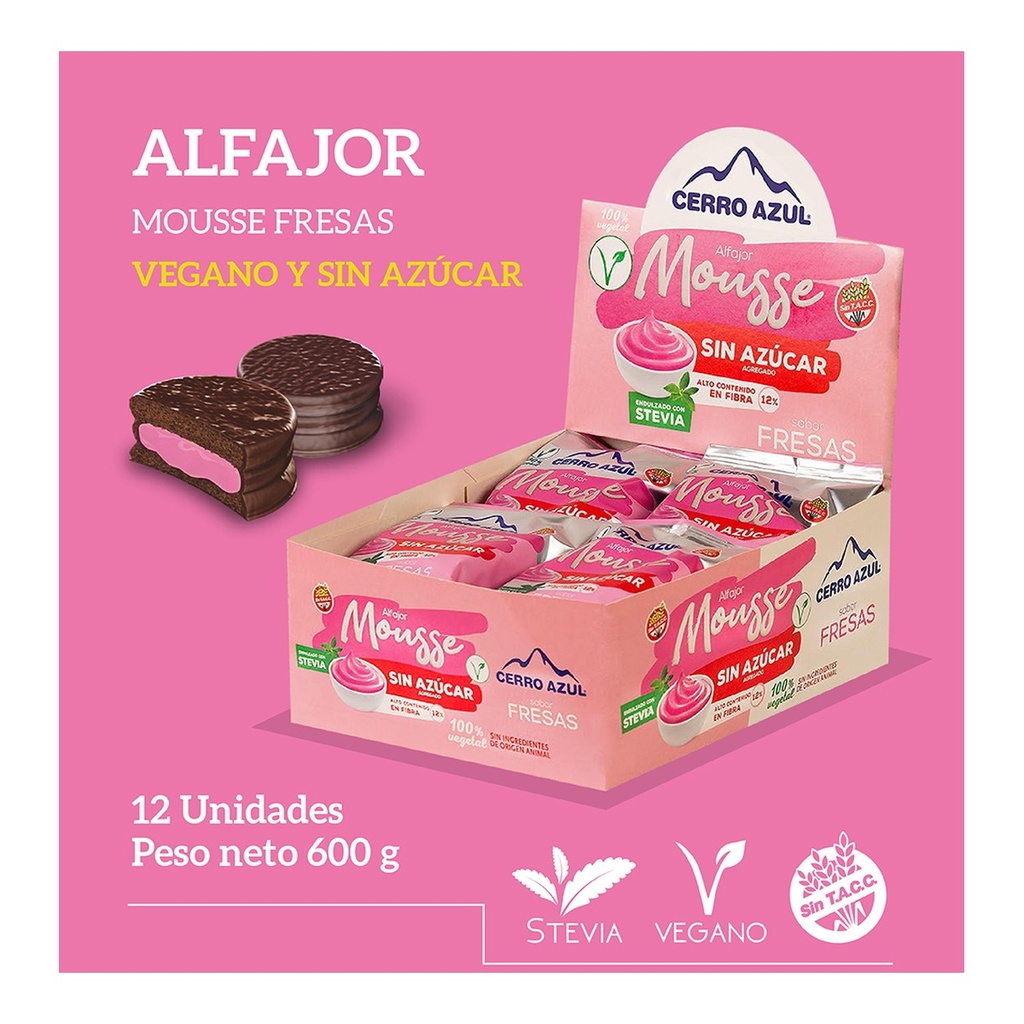 [2344] Alfajores Mousse de Fresas con estevia (Vegano) x 12 un